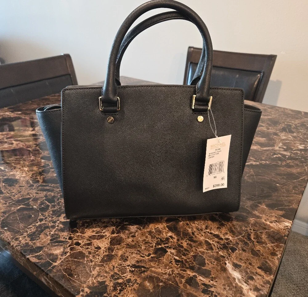 Michael Kors Black Saffiano Leather Satchel with Gold Hardware